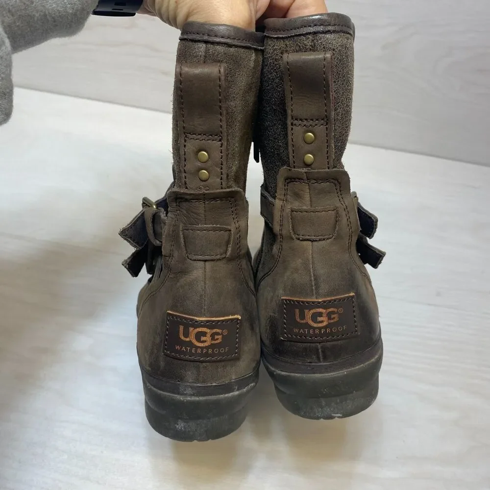 UGG Simmens Biker Boots Women's Size 6.5 Brown Leather Waterproof‎ Buckle Straps